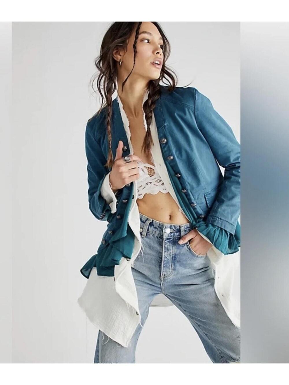 NWOT Free People Ruffles Romance Jacket in Teal size S
